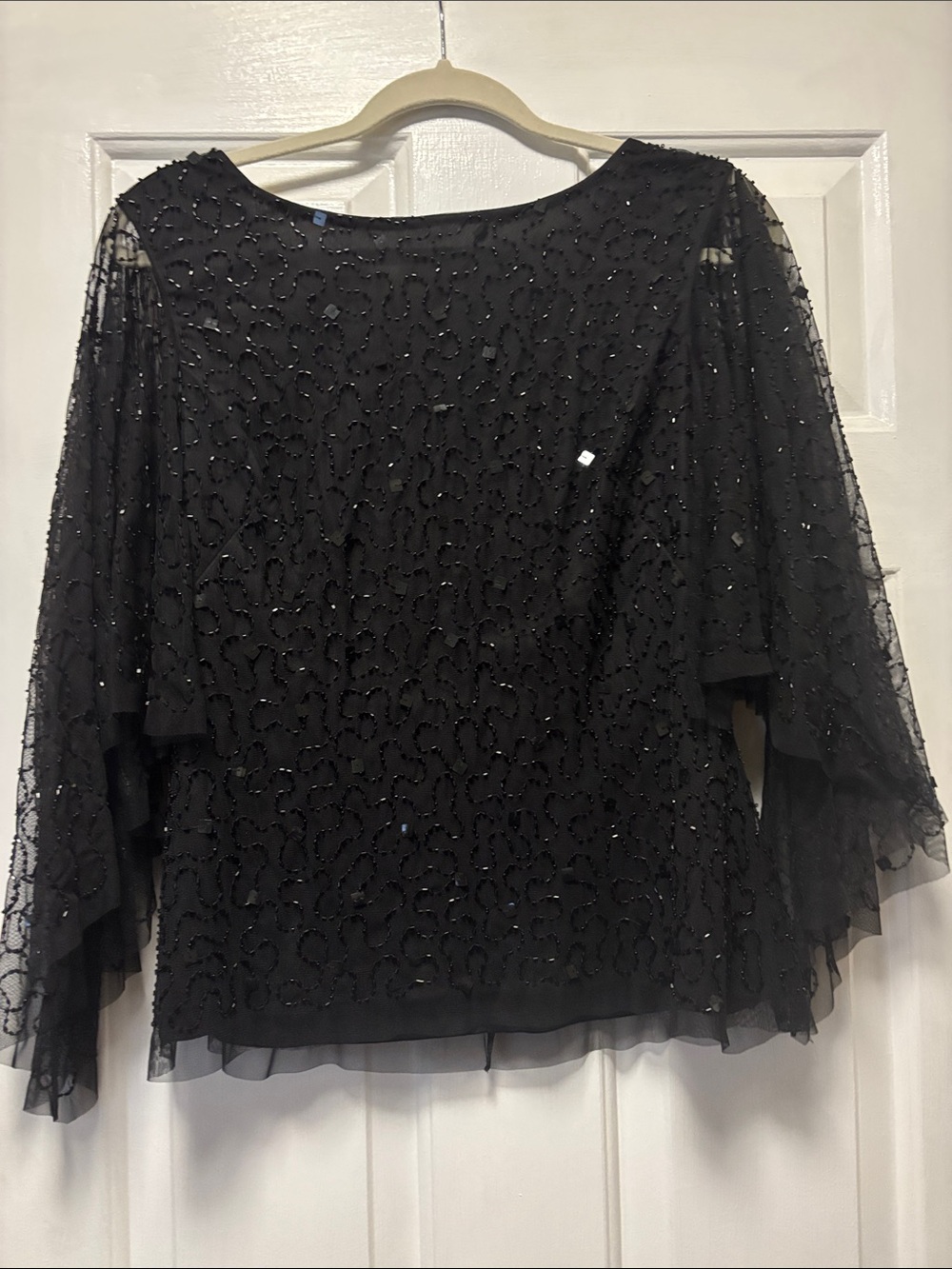 Adrianna Papell Black Beaded Layered Sheer Sleeve Blouse